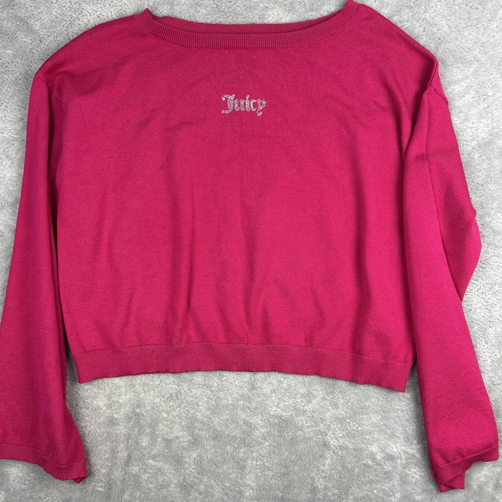 Juicy Couture Free Love Crop Sweater L Hot Pink Rhinestone Long Wide Sleeve